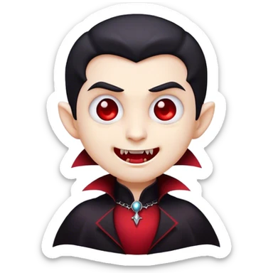 Cinematic Cute Vampire Portrait Emoji, with a refined yet playful small, rounded pale face accented by tiny, cute fangs and bright, twinkling eyes, sporting miniature elegant dark attire with a hint of crimson, simplified yet irresistibly charming, highly detailed with a soft glowing outline that captures the delightful duality of spooky sweetness and stylish allure! sticker