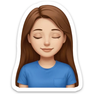 female face smiling with closed eyes with long brown hair and brown eyes in a blue t-shirt sticker
