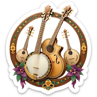 Create an intricate, festive, and emblematic emoji symbolizing plucked string instruments. The design should resemble a regal crest, featuring instruments like a banjo, mandolin, domra, sitar, and other plucked strings, arranged symmetrically in an ornate composition. Their necks and strings should elegantly intertwine with a flowing ribbon of musical notes, wrapping gracefully around the instruments. The overall shape should be grand and balanced, evoking a sense of tradition and celebration. Use a rich and refined color palette with gold, deep mahogany, and vibrant accents, adding intricate wood textures, decorative inlays, and metallic tuning pegs for a professional, polished look. The background should be transparent, making the emblem stand out as an independent artistic mark sticker