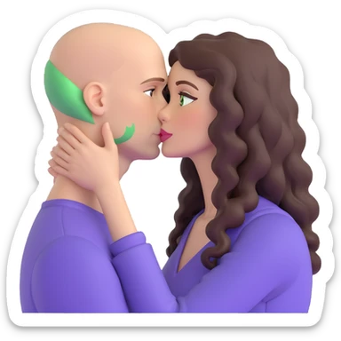 caucasian bald man with green eyes and caucasian woman with long curly dark hair and brown eyes kissing sticker
