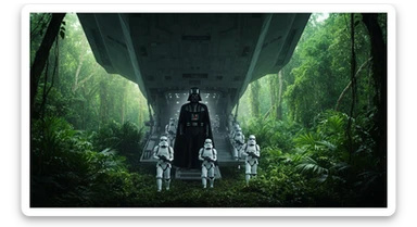 cinematic still, Medium shot, amazon jungle, Darth Vader around stormtroopers coming out from starship on ground, they are exploring the jungle, inspired by StarWars movie, captured by arri alexa sticker