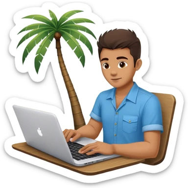 A digital nomad in bali working on a laptop wearing a tropical blue shirt with a palm tree on the side sticker