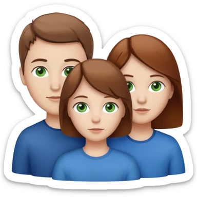 3 white siblings. Sibling 1 - Oldest sibling, white female, with brown hair and green eyes. Sibling 2 - Middle sibling, white male, with brown hair and brown eyes. Sibling 3 - Youngest sibling, white female, with brown hair and Blue eyes. sticker