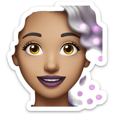 An adult white-skinned woman, with makeup, smiling, pink and purple sparkles of glitter on her face, blue eyes, wavy ombre hair, ring earrings, black T-shirt. sticker