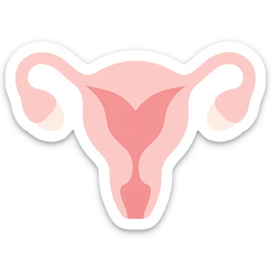 A clean, minimalistic vector illustration of a simplified uterus icon, designed as a stylized flower or heart shape with upward-sweeping fallopian tube 'horns'. Use smooth, well-defined lines with a modern flat design. Apply soft inner shadows and subtle highlights to give depth and gloss without breaking the flat aesthetic. Keep the design centered, symmetrical, and elegant. Transparent background. Color palette: soft pinks, muted reds, and gentle white highlights sticker
