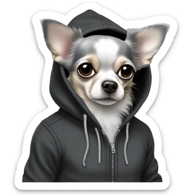 Realistic grey and light grey long hair chihuahua dog in a black hoody sticker