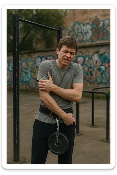 Giovane atleta neofita, fisico normale e non ancora sviluppato, si allena per la prima volta in uno spazio urbano per streetlifting: sbarra per trazioni, parallele, e pesi appesi alla cintura. Ma si è infortunato perchè non faceva le cose con la giusta tecnica. sticker