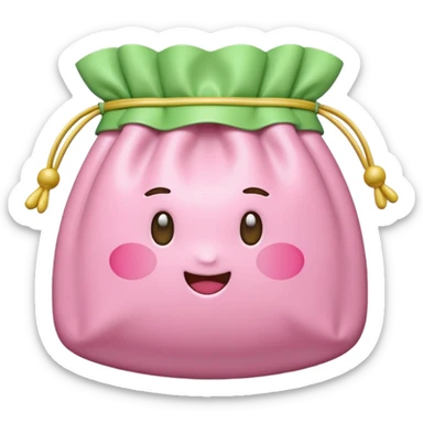 A Korean fortune pouch (bokjumeoni) in iPhone emoji style, pastel pink and light green colors, soft 3D glossy texture, centered, no outlines, transparent background. no face sticker