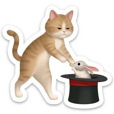A cat pulling a rabbit out of a hat sticker