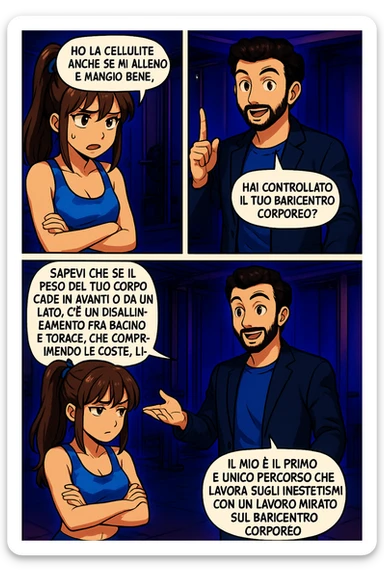 PRENDI SPUNTO DA QUESTO STILE FACENDO UN WEBTOON/MANGA:

LEI (DONNA): Ho la cellulite anche se mi alleno e mangio bene, cosa posso fare?

LUI (UOMO): Hai controllato il tuo baricentro corporeo?
LUI (UOMO): Sapevi che se il peso del tuo corpo cade in avanti o da un lato, c’è un disallineamento fra bacino e torace, che comprimendo le coste, limita la motilità del diaframma e l’ossigenazione dei tessuti?
LUI (UOMO): Il mio è il primo e unico percorso che lavora sugli inestetismi con un lavoro mirato sul baricentro corporeo. sticker
