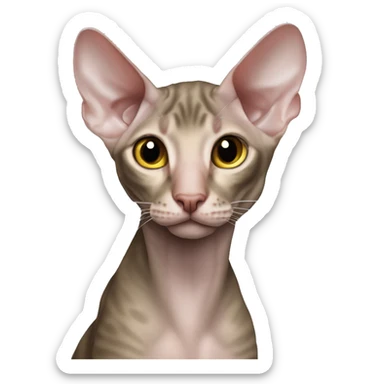 “Realistická Peterbald mačka s nahou kožou, veľké uši, sfarbenie v siamskom štýle (svetlé telo s čiernymi končekmi labiek, nos , uší a chvosta), svetlo modré oči, detailný a emocionálny vzhľad.”  sticker