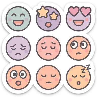 Create a set of cute emoji faces on one sheet: smiling, sad, thoughtful, shocked. Use the style and expressive features from the reference image: rounded, cartoonish, bold outlines, detailed eyes and mouths, playful highlights and shadows. Keep the vector look with a pastel palette of #98B5BC, #B5B3C1, #C9A3C9, #E4C0CA, #F7DCD1, #F7C0AA. Transparent background. sticker