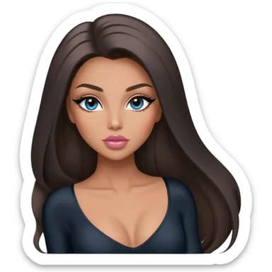 Glamours, tanned, very beautiful girl, with big pump peach-beige-rose lips, long long lashes, black straight smooth silky long hair, straight parting hair, blue-grey eyes in black long-sleeves bodysuit sticker
