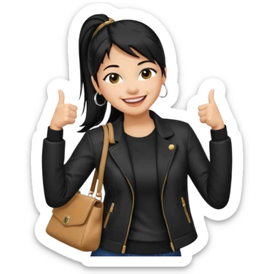 A girl with a pony tail black hair and Asian tan skin, Asian eyes, with a black jacket and a black purse, laughing with arms crossed giving a thumbs up  sticker