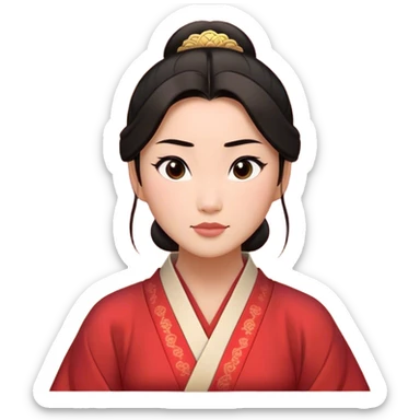 Cinematic Timeless Mulan Portrait Emoji, rendered in a clean vector style. Depict Mulan with warm, light-toned skin, neatly styled dark hair in a traditional bun, and a serene, confident expression, dressed in a simple traditional robe with minimal decoration. The image is highlighted by a soft, inviting glow and a subtle glowing outline, capturing enduring beauty and quiet strength. sticker