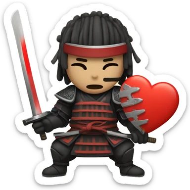 A samurai cutting a heart into two pieces, and the sword will be on fire  sticker