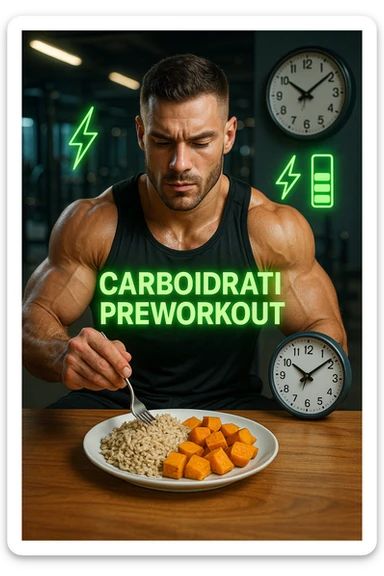 Uomo atletico seduto al tavolo poco prima di andare in palestra, mentre mangia una porzione di riso integrale e patate dolci con un’espressione consapevole e concentrata. Sullo sfondo si intravede la palestra. Sopra al piatto c’è una scritta luminosa 'Carboidrati preworkout'. Accanto a lui, un orologio indica che mancano 45 minuti all’allenamento. Il suo corpo appare pronto, i muscoli sono pieni e ben vascolarizzati, e sullo sfondo ci sono icone simboliche di energia (es. fulmini, barre di energia verdi). Atmosfera motivante e piena di vitalità. in italiano sticker