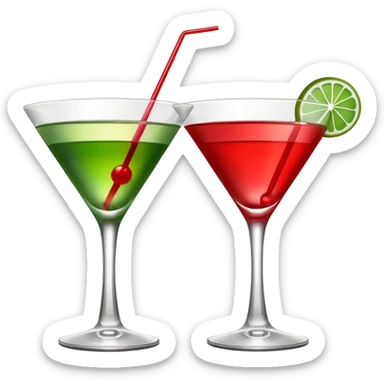 two realistic glasses of cocktail in emoji style, one is red color and one is green, martini glass shape, no straw, no fruit, no ice sticker