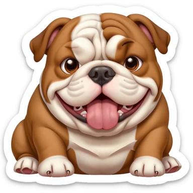 Cinematic Cute Yawning Brown and White English Bulldog Portrait Emoji, Head tilted slightly with a dramatic, wide-open yawn, showcasing a smooth brown and white coat with a defined pattern, floppy ears slightly drooping, round brown eyes barely open in drowsy contentment, Simplified yet irresistibly adorable features, highly detailed, glowing with a soft, cozy glow, high shine, relaxed yet expressive, stylized with a touch of whimsy, bright and endearing, soft glowing outline, capturing the essence of a sleepy yet affectionate guardian, so drowsy it feels like it could stretch out of the screen and curl up for a nap! sticker