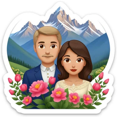Couple traveling in Montenegro russian man and elegant  Latina girl delicate flowers and mountains in the background  sticker