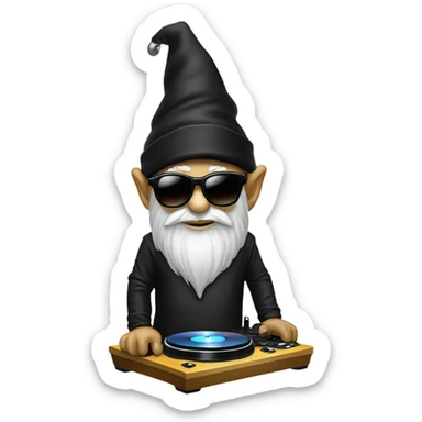 Focused Dj gnome wih sunglasses ad turntables wearing black sticker