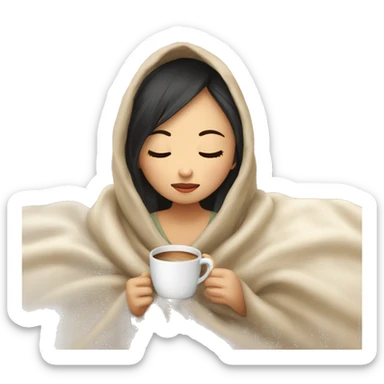 asian girl inside a blanket sipping coffee eyes closed sticker