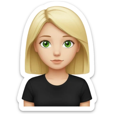 Girl with green eyes, blonde with an even hole with straight hair up to the waist in a black t-shirt sticker