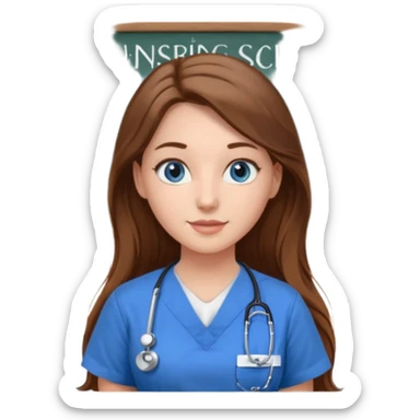 university classroom that says nursing school on the board with a pretty female nursing student with long brown hair, blue eyes sticker