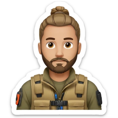 man with a man bun and beard, wearing a tactical vest, no glasses sticker