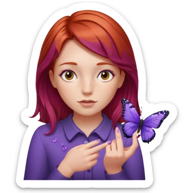 red haired girl finger holding purple butterfly - but her hands down sticker
