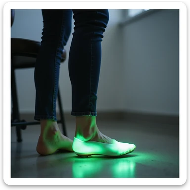 realistic style woman standing up from chair without pain, orthopedic insole visible, foot with green glow, expression of relief, clinical environment sticker