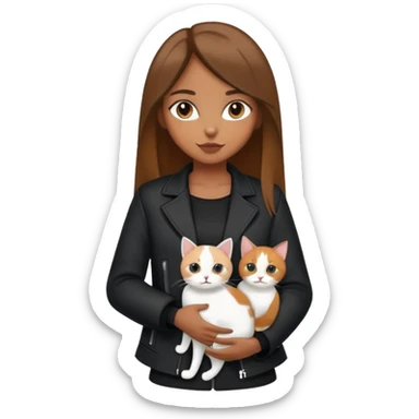 Brown straight-haired girl wearing black jacket with white cat and calico cat sticker