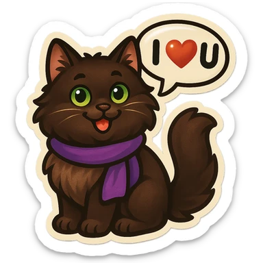 Fluffy happy smiling cute dark-brown cat with green eyes and a purple scarf saying ‘I ♡ U’ (with a speech bubble) sticker