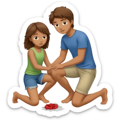 barefooted boy with messy brown hair yellow putting his foot on a kneeling girl sticker