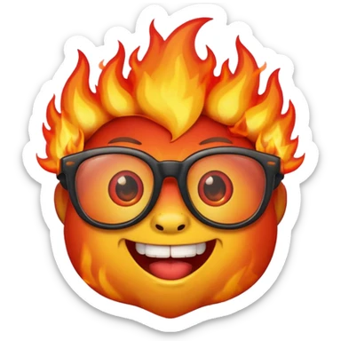 nerd fire emoji with flames, glasses, buck teeth, burning sticker