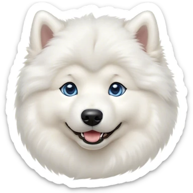 Cinematic Cute Samoyed Portrait Emoji, Head tilted playfully and inquisitively, featuring a fluffy, pristine white Fur with a natural sheen, round, sparkling blue eyes filled with curiosity, Simplified yet irresistibly adorable features, highly detailed, glowing with a warm, friendly glow, high shine, affectionate and lively, stylized with a touch of whimsy, bright and endearing, soft glowing outline, capturing the essence of a mischievous yet loving companion, so playful it feels like it could frolic out of the screen and into your arms! sticker