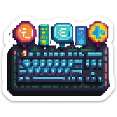 Colorful IT tech badge pixel art with simple keyboard symbol, vibrant colors sticker