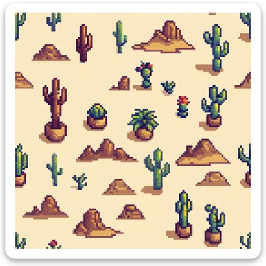 desert tile set with sand dunes, cacti, rocky formations, oasis with palm trees, desert shrubs, and ancient ruins sticker