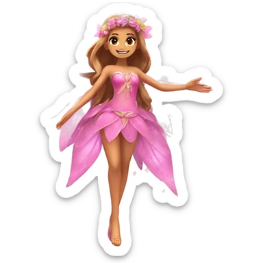Flora the adult latina fairy of nature in her enchantix fairy pink clothing and fairy enchantix wings and long light brown hair from winx club. Small eyes, Lots of sparkles and fairydust. Full body and full fairy bliss sticker