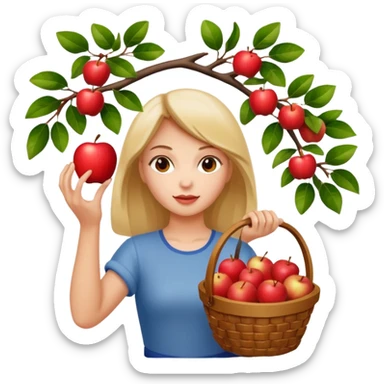 Girl picking an apple off a tree with a basket of apples sticker