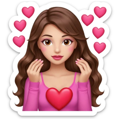 girl with long wavy brown hair, brown eyes, long lashes makeup, sexy pink lips, light to medium complexion, wearing a pink sexy top, many  hearts in hand sticker