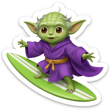 yoda in a purple robe flying in a rocket like surfing sticker