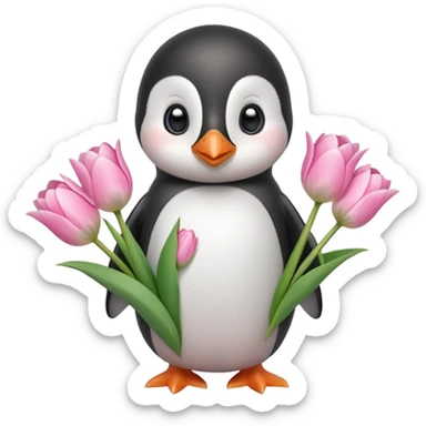 Cute baby penguin holding flower bouquet wraped in white paper and all flowers tulips in pink colour sticker