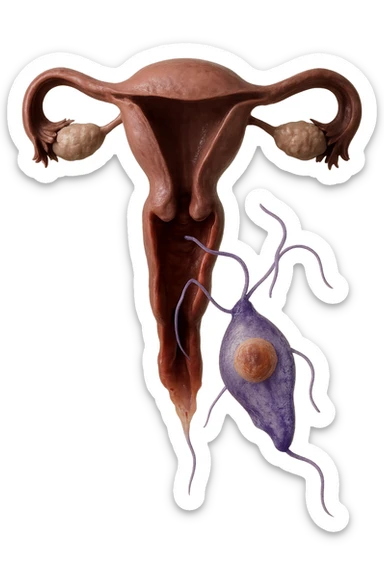 Trichomonas vaginalis che esce da un utero umano anatomico, iperrealistico 4k, non disegnato sticker