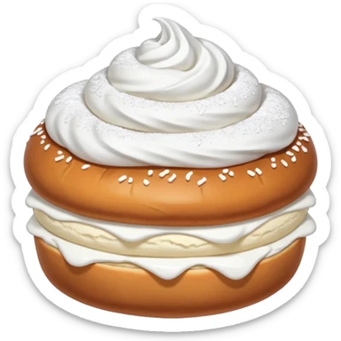 A bun with visible whipped cream in the middle beteween two bun halves and powdered sugar on top sticker