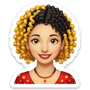 "- Phụ nữ
- 35 tuổi
- Da vàng
- Tóc đen xoăn nhẹ
- Có chấm đỏ Bindi, đeo khuyên tai
- Mặt cười
" sticker