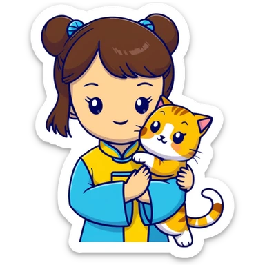 girl with brown hair and bangs wearing yellow qipao with a gray tabby cat sticker