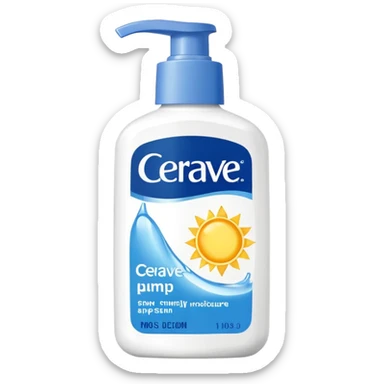 White CeraVe pump bottle with blue label and bright yellow  glow badge. Floating in golden morning light, encircled by radiant sunbeams and shimmering protective particles. A shield of light surrounds it like a solar barrier. Glossy, potion-like, symbolizing daily moisture and powerful sun defense. sticker