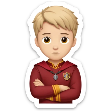 A young adult man slightly to the side looking forward with crossed arms wearing the Gryffindor uniform sticker