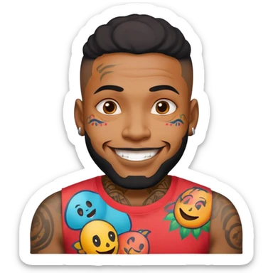 black man with bold face tattoos, happy face, wearing a colorful t-shirt sticker